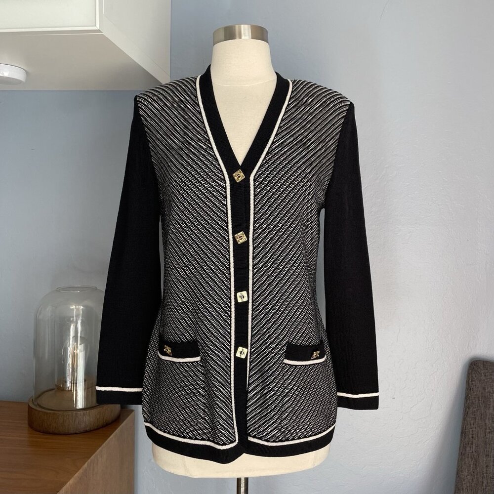St. John Sport Essentials Cardigan Sweater Jacket Black White Gold Buttons 4